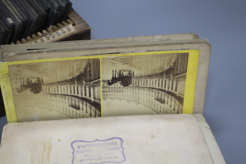 A collection of Magic Lantern slides, mostly text, a group of stereographic cards and three camera backplates